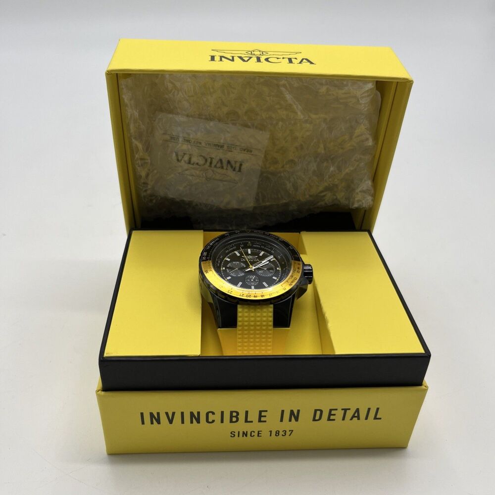 Invicta 33038 Aviator Skyshock 50mm Black Case Yellow Band Quartz 100M Watch New